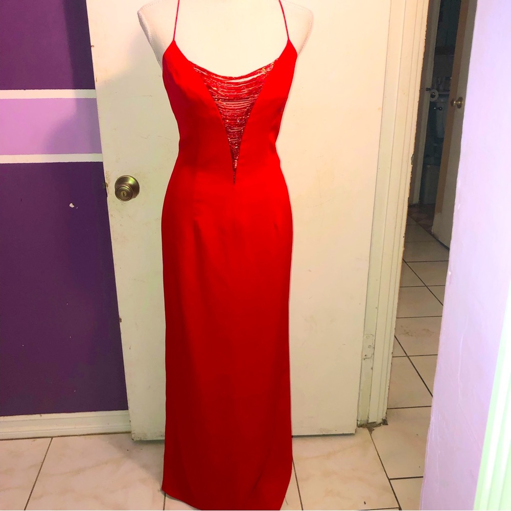 NITELINE,- Gorgeous Red Beaded Spaghetti Strap Evening Gown, Size 06